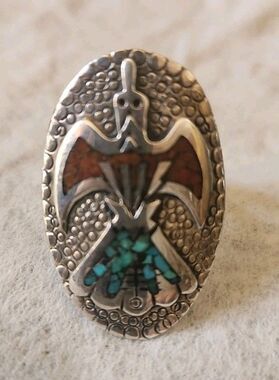 Vintage Navajo Sterling Silver Turquoise Inlay Bird Ring Size 10.5-11